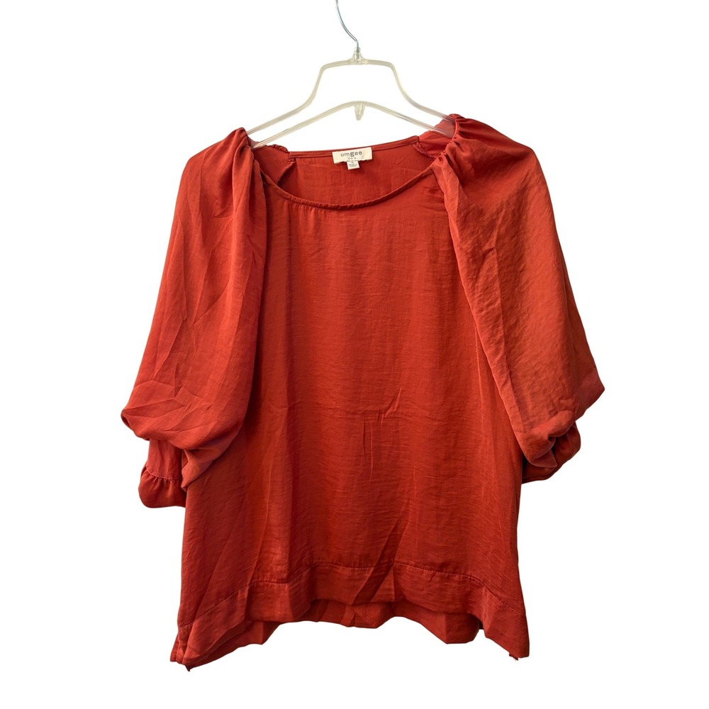 Umgee‎ Rust Orange Puff Sleeve Blouse Round Neck Top Womens Small